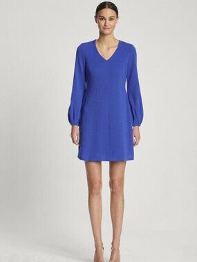 Taylor Cobalt Blue Crepe Shift Dress 8 Long Sleeve V Neck  NEW